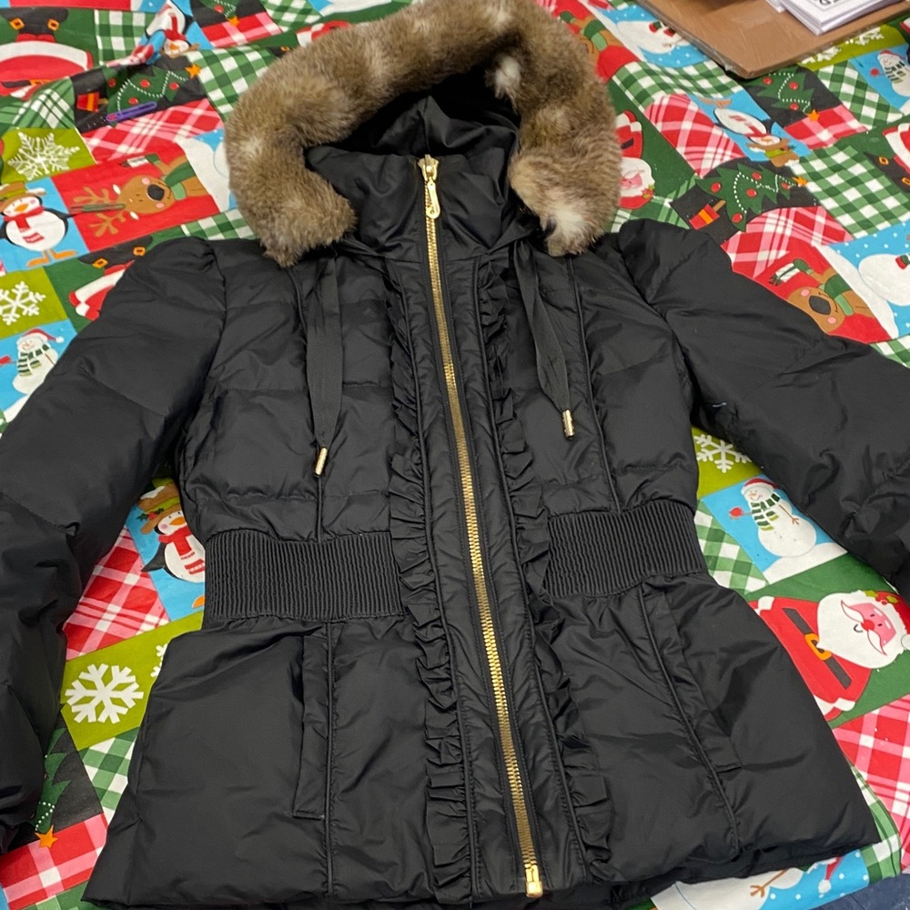 Juicy Couture Black Quilted Coat with Faux Fur Trim